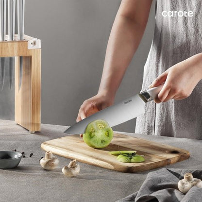 CAROTE 14PCS Knife Set with Acrylic Block, Kitchen Knives with Built-in Sharpener, Cutlery Set with High Carbon Stainless Steel Sharp Blade, Dishwasher Safe, White
