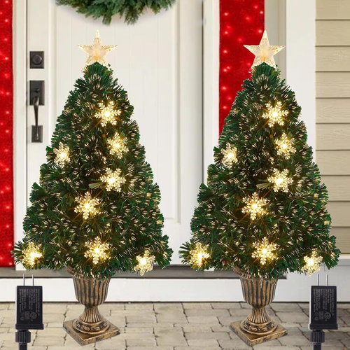 Juegoal Pre-Lit Artificial Christmas Trees - 3 FT Lighted Green Fiber Optic Entrance Trees | 8 Lighting Modes, Gold Urn Base