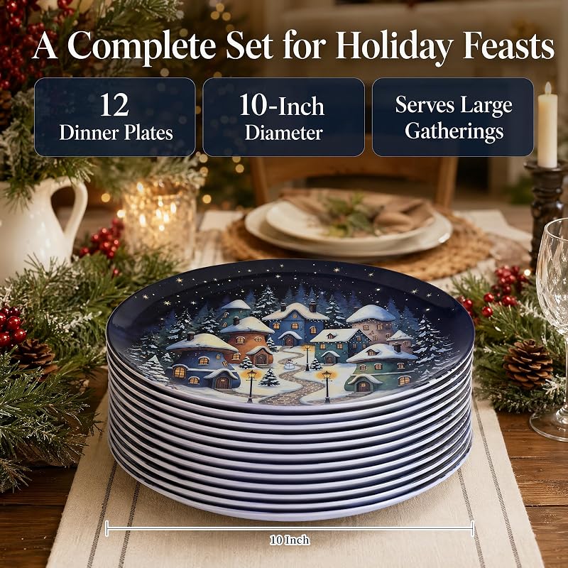 Snowhouse 10-Inch Christmas Plates Set of 12 – Melamine Dinnerware, Outdoor Friendly