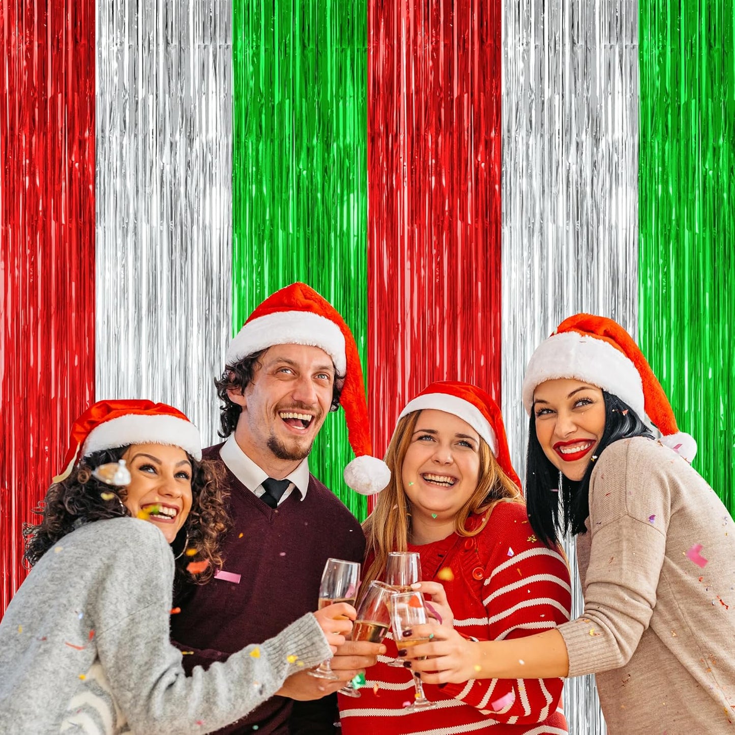 Regine Switzerland Christmas Backdrop - 2 Pack Metallic Red Silver Green Streamers | 3.28 FT x 7.05 FT Foil Tinsel Decor