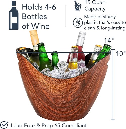 BREKX Cherry-Oak Wood Curved Beverage Tub, Wine Chiller and Ice Bucket, 8 Quarts