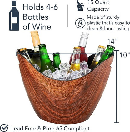BREKX Cherry-Oak Wood Curved Beverage Tub, Wine Chiller and Ice Bucket, 8 Quarts
