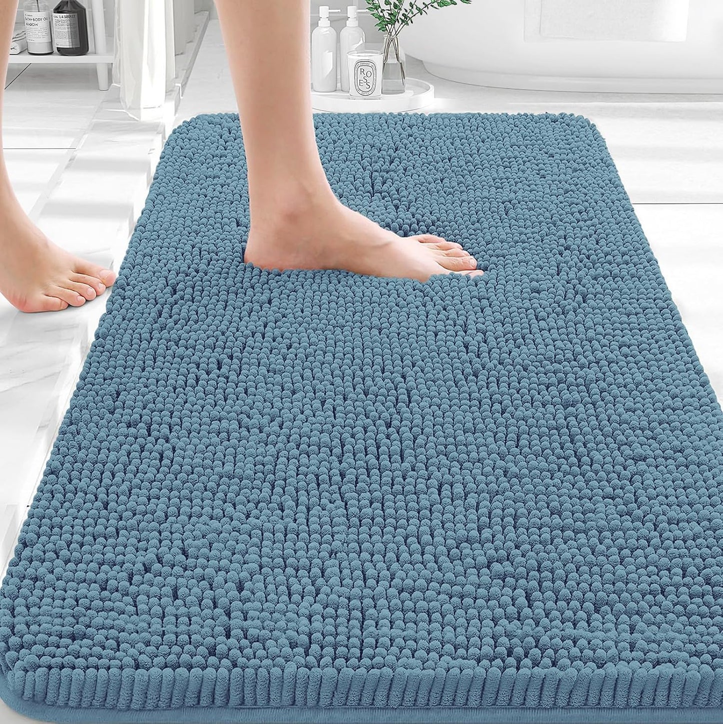 OLANLY Bath Rugs - Extra Soft Absorbent Chenille Mats with Rubber Backing | 30x18 Inches, Airy Blue