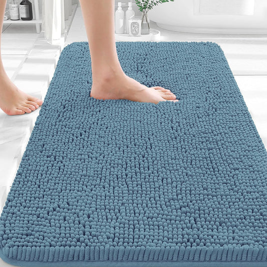 OLANLY Bath Rugs - Extra Soft Absorbent Chenille Mats with Rubber Backing | 30x18 Inches, Airy Blue