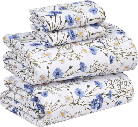 RUVANTI King Size Cotton Sheets - 100% Percale Bedding, Cooling Floral Design, 4-Piece Set, 16" Deep Pocket, Soft & Durable