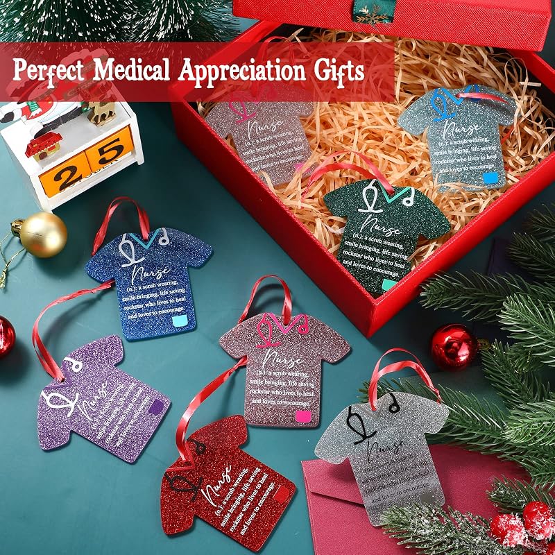 12 Pcs Christmas Nurse Ornament Set - Nurse Scrub Figures with Red Ribbon, Gift for Healthcare Workers