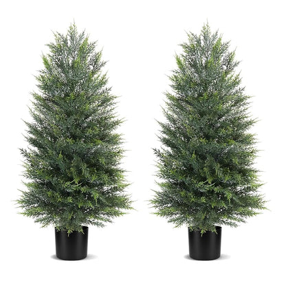 2 Pack 3ft Artificial Cedar Topiary Trees for Outdoor Front Porch - Realistic Faux Cedar
