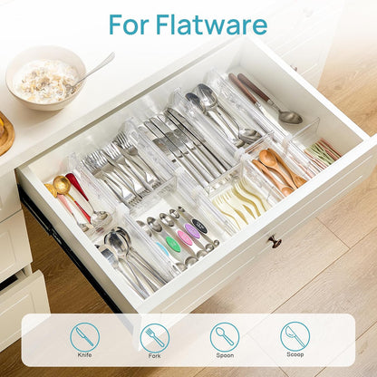 Vtopmart Drawer Dividers - Expandable Kitchen Organizer with 8 Dividers & 14 Inserts | Adjustable 12.8"-22.3" Clear Plastic Separator for Utensils & Cutlery