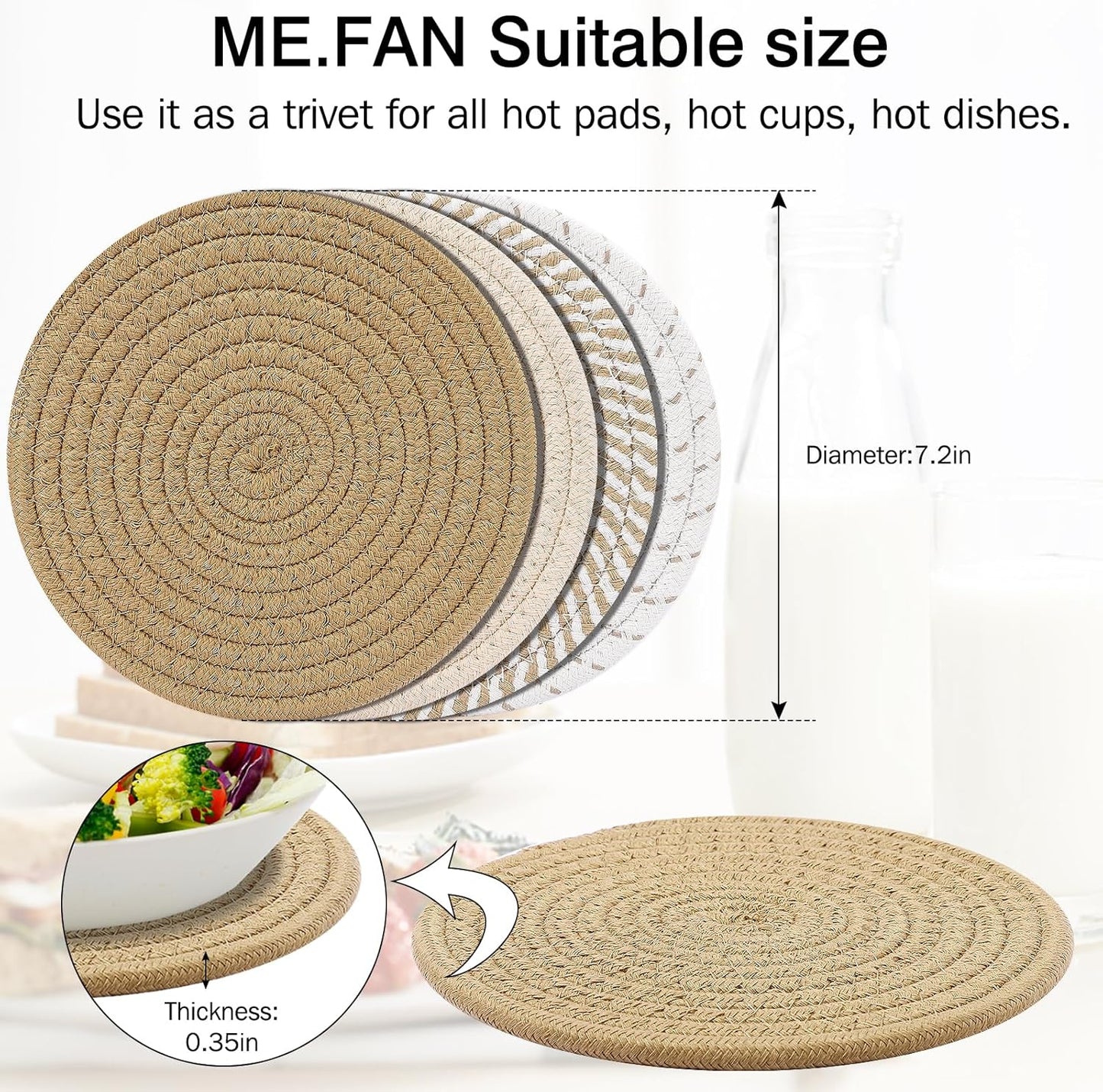 ME.FAN 7-Inch Cotton Thread Weave Trivets - Set of 4 Large Potholders for Pots & Pans | Protects Countertops