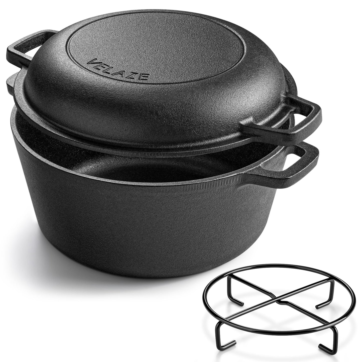 Velaze Cast Iron Dutch Oven Pot with Skillet Lid, 2-in-1 Pre-Seasoned Dual Handle Cast Iron Pan for Bread Baking, Frying, and Camping - Black 5QT