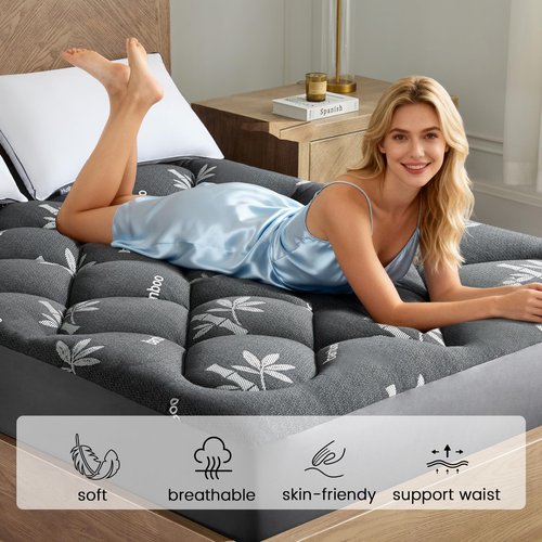 Mattress Topper Full Size - Viscose Made from Bamboo Pillow Top Mattress Pad with Deep Pockets - Soft Mattress Topper for Back Pain Relief(54"x75",Black)