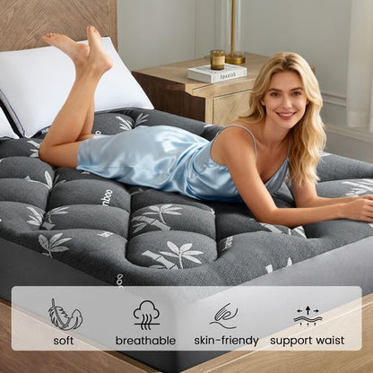 Mattress Topper Full Size - Viscose Made from Bamboo Pillow Top Mattress Pad with Deep Pockets - Soft Mattress Topper for Back Pain Relief(54"x75",Black)