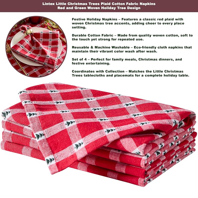 70" Round Christmas Tablecloth with Little Christmas Trees, Cotton Plaid – Lintex