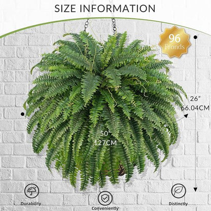 Forest Prince 50" Artificial Boston Ferns - Large Faux Bush Plants with 96 Fronds for Outdoor Decor