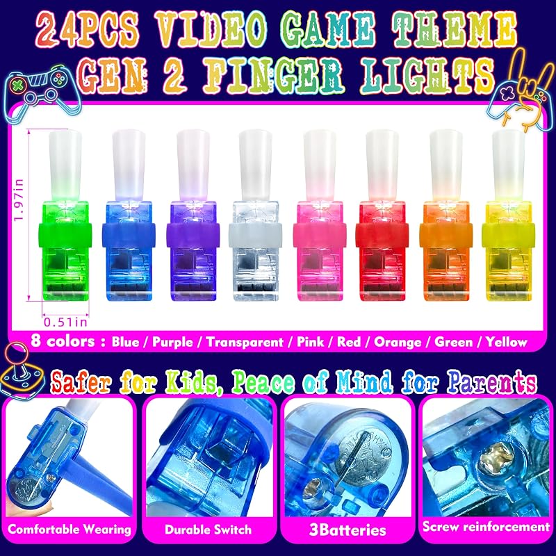 Video Game Themed 24 Pcs LED Finger Lights – 8 Designs, 3 Each (Variation: Video Game)