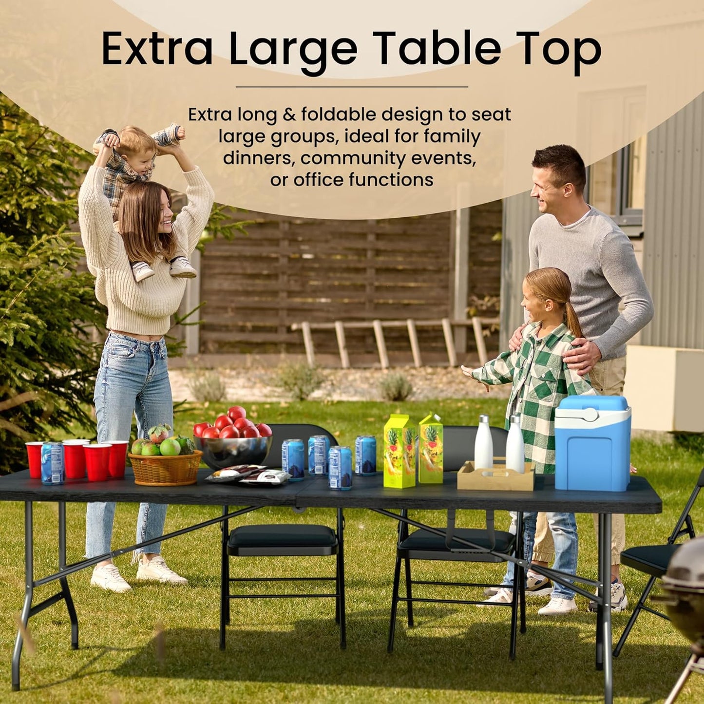 Modern Space 8 Feet Foldable Table - Heavy Duty Portable Design with Built-In Handle | Ideal for Events, Picnics, and More