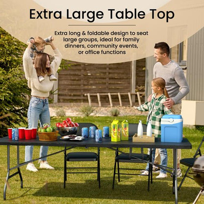 Our Modern Space 8 Feet Foldable Table with Built in Handle & Steel Legs | Heavy Duty Portable | Perfect for Party, Dining, Wedding, Events, Picnic Indoor, Outdoor, Camping, Utility, Temporary
