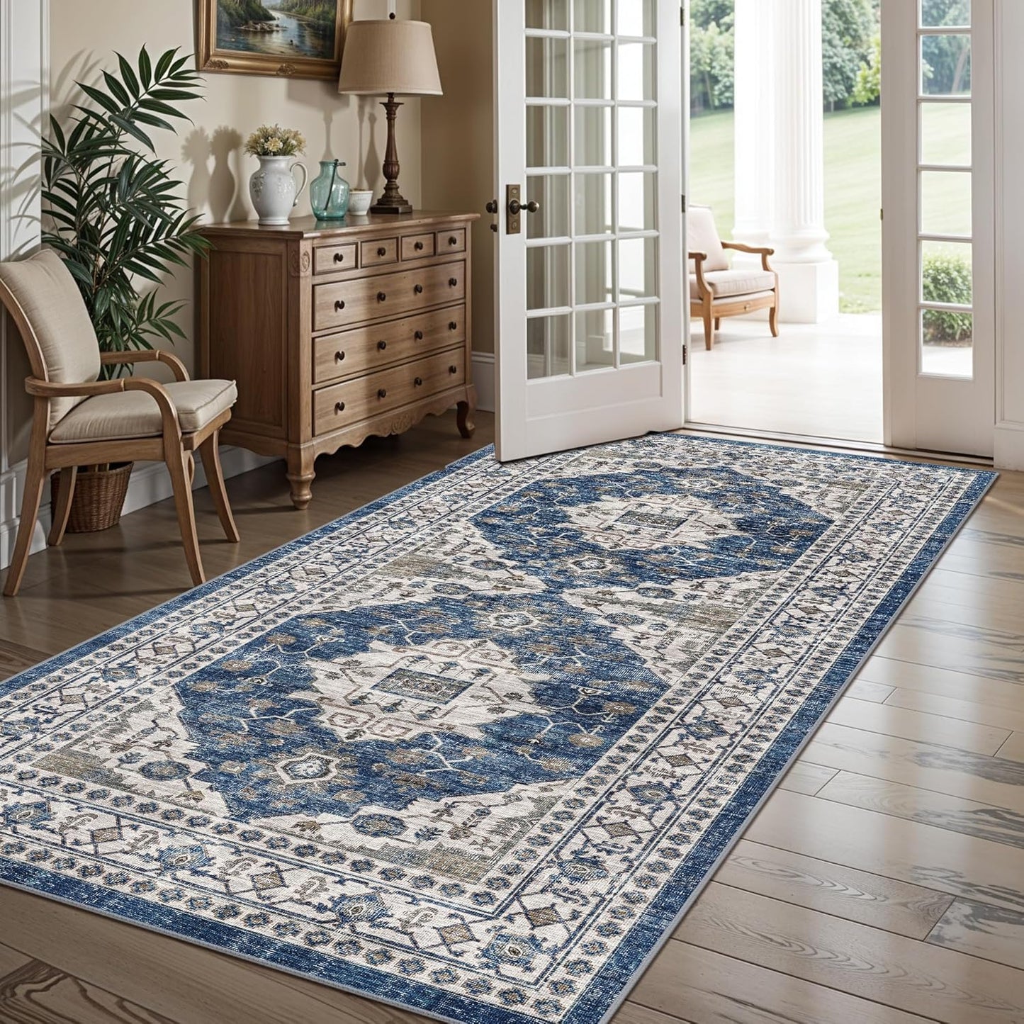 Skiennix Washable 4x8 Hallway Runner Rug - Vintage Soft Low Pile Non-Slip Carpet in Blue for Entryway & Living Room