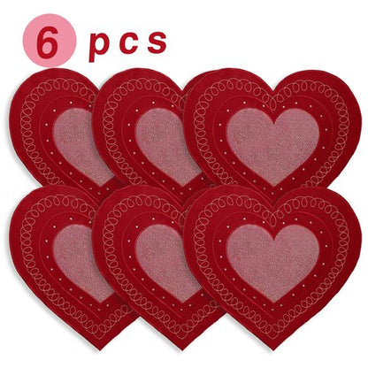 OWENIE Valentines Day Heart Placemats Set of 6, Embroidered Red Gillter Heart with Sequins Valentines Table Mats, and Wedding Table Decor,13.5 x 15, Red