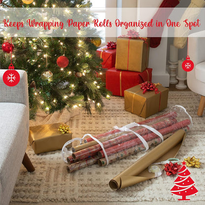 Simplify Clear Gift Wrap Storage Bag - Holds 30" Long Wrapping Paper Rolls | Zipper Closure | Easy Carry Hangers | Red