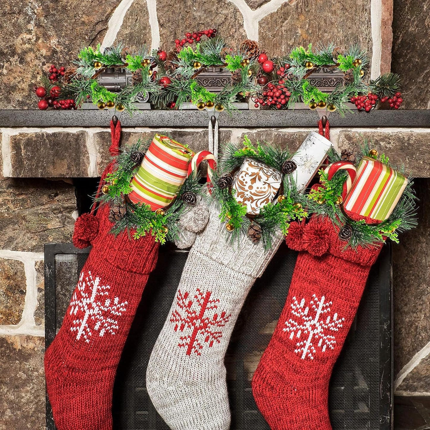 Regine Switzerland Christmas Candle Rings - 6 Pcs Mini Wreaths with Berries & Pine Cones | 4.7 Inch Holiday Decor