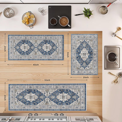 Skiennix Washable Kitchen Floor Mats - Non-Slip Water-Resistant Rugs for Easy Cleaning | 4-Piece Set in Blue