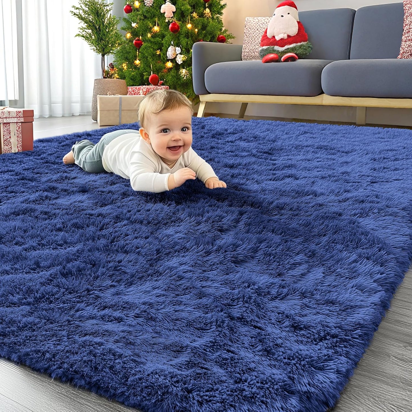 OLANLY Area Rug - Soft Fluffy Shaggy Design | Machine Washable 4x5.9 ft - Navy Blue for Living Room & Bedroom