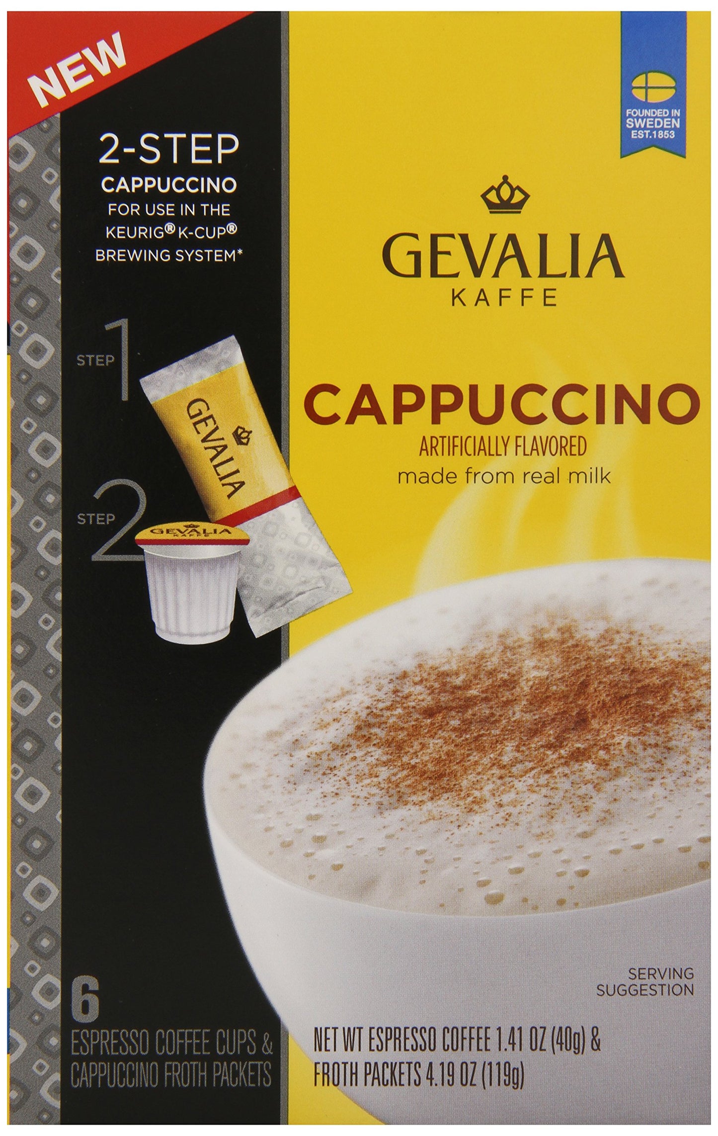 Gevalia Kaffe, 2-Step K-Cup & Froth Packets, (Cappuccino Espresso), 6 Count (Pack of 3)