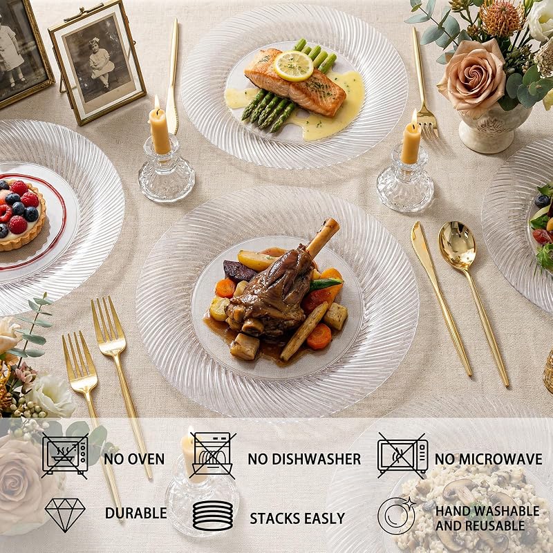Clear 10-Inch Disposable Plates, 100 Pcs - Fancy Crystal Look, Food-Grade