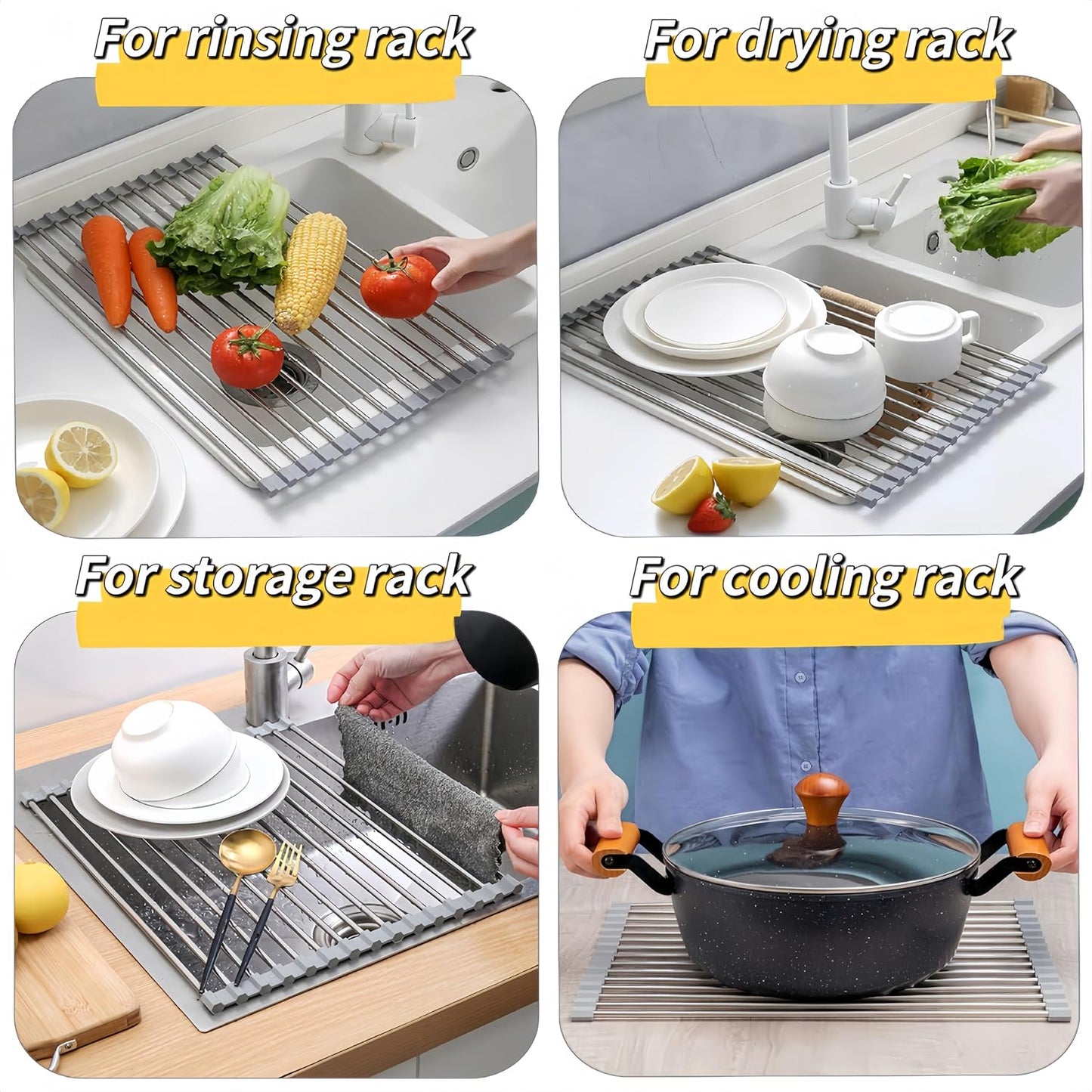 Roll Up Dish Drying Rack - Stainless Steel Foldable Kitchen Rack | 17.7" x 11.8" Grey Design