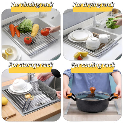 Roll Up Dish Drying Rack - Stainless Steel Foldable Kitchen Rack | 17.7" x 11.8" Grey Design