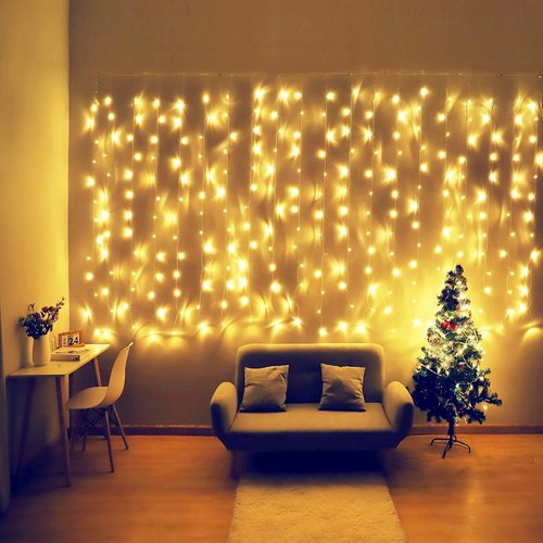 HEYFUNi Curtain Lights - 13ft x 6.5ft Warm White Icicle String Lights with 8 Modes for Holiday Decor