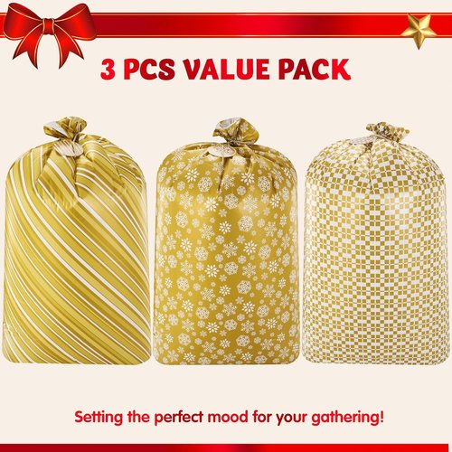 JOYIN Jumbo Gift Bags - 3 Pack 56”x36” Gold Holiday Plastic Bags for Christmas & Large Toys