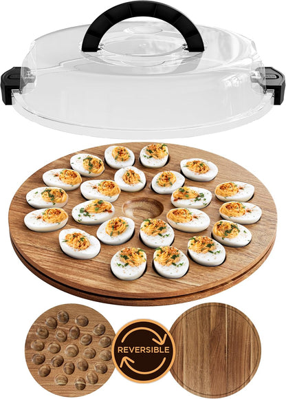 Trauful Deviled Egg Carrier - Reversible Wooden Container with Lid & Handle | Holds 22 Eggs, Acacia Wood