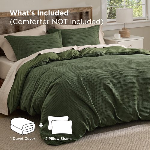 Bedsure Luxury Waffle Duvet Cover Queen Size - Textured Duvet Cover Set, Soft, Breathable Bedding Set (90"x90") with 2 Pillow Shams for All Season, Olive Green, Comforter Not Included