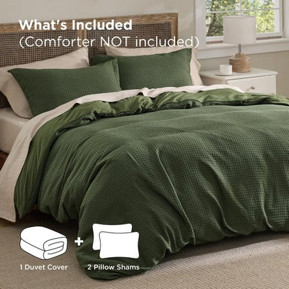 Bedsure Luxury Waffle Duvet Cover Queen Size - Textured Duvet Cover Set, Soft, Breathable Bedding Set (90"x90") with 2 Pillow Shams for All Season, Olive Green, Comforter Not Included