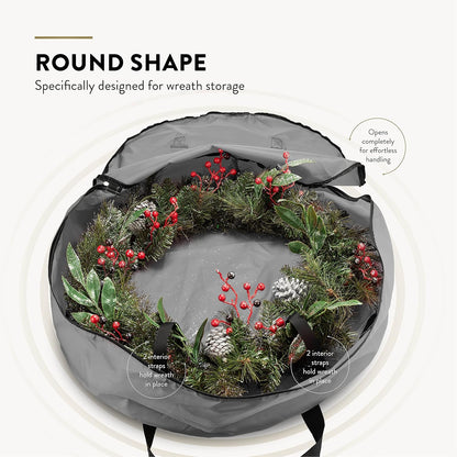 ZOBER 24-Inch Oxford Christmas Wreath Storage Container - Waterproof Dual Zipper Bag with Durable Handles - Gray