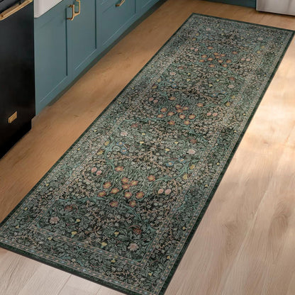 Boho Vintage Floral Kitchen Runner Rug - Non-Slip, Washable Rubber Backed | Dark Green Low Pile Carpet for Entryway & Hallway