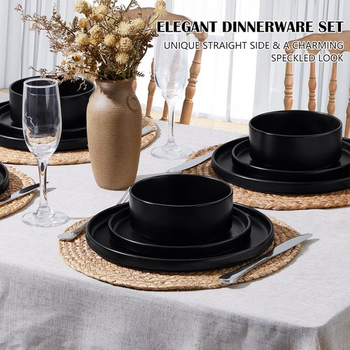 E-far Stoneware Dinnerware Set - 12-Piece Modern Plates & Bowls for 4 | Chip & Scratch Resistant, Matte Black