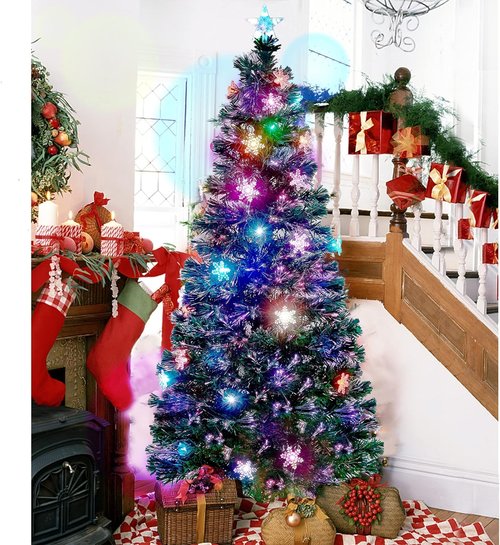 Juegoal 6 Ft Pre-Lit Christmas Tree - RGB Color Changing LED Lights & Snowflakes | Artificial Xmas Tree with Metal Legs