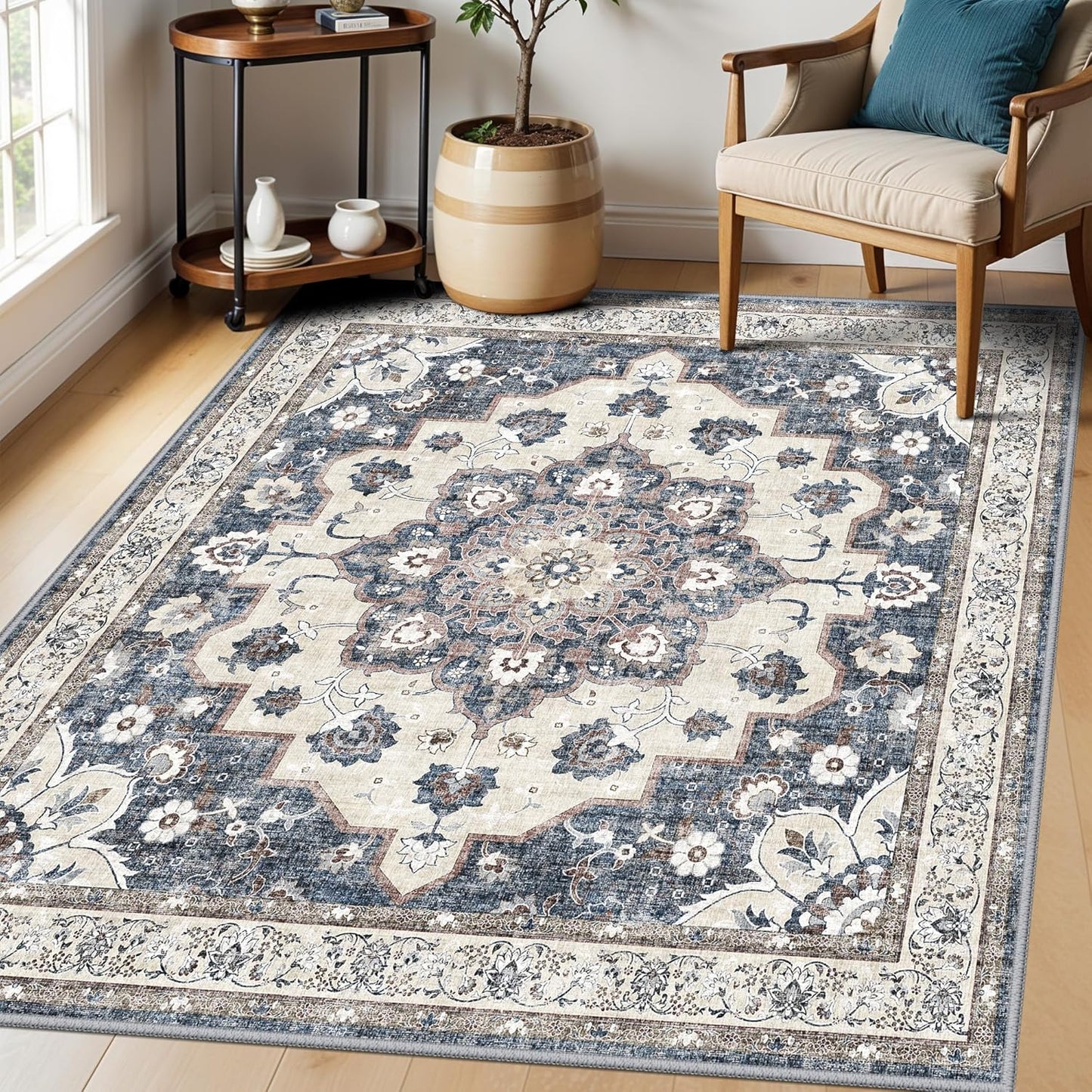 Skiennix 5x5 Square Area Rug - Stain Resistant, Non-Slip Indoor Carpet for Living Room & Bedroom | Blue