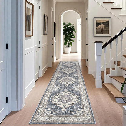 Skiennix Washable 3x12 Hallway Runner Rug - Non-Slip Floral Design | Stain Resistant Low Pile Mat (Blue)