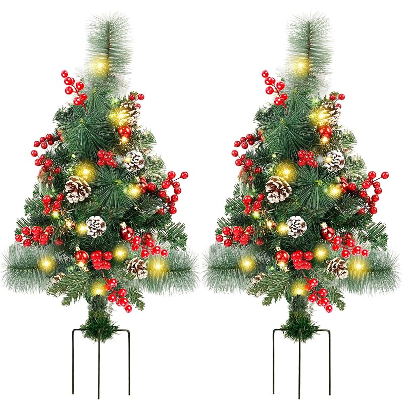 2 Pack Pre-Lit 2ft Pathway Christmas Trees with Stake - Battery Operated, 60 LED
