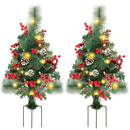 2 Pack Pre-Lit 2ft Pathway Christmas Trees with Stake - Battery Operated, 60 LED