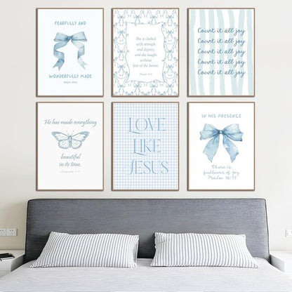 Coquette Blue Bow Wall Art Decor - Inspirational Bible Verses for Teen Girls | Light Blue 8x10 Unframed