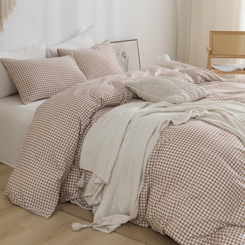 YHJWW Tan Gingham Duvet Cover Bedding Set Prewashed Extra Soft Comfy Breathable 3 Piece Brown Plaid Checkered Grid Vintage Comforter Cover Set Cute Aesthetic (Queen 90"x90", No Comforter)