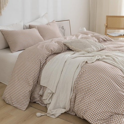 YHJWW Tan Gingham Duvet Cover Bedding Set Prewashed Extra Soft Comfy Breathable 3 Piece Brown Plaid Checkered Grid Vintage Comforter Cover Set Cute Aesthetic (Queen 90"x90", No Comforter)