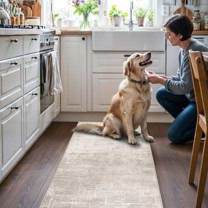 Skiennix Washable Kitchen Runner Rug - Abstract Design, Water Resistant, Non-Slip | 2x5 ft, Beige/Cream