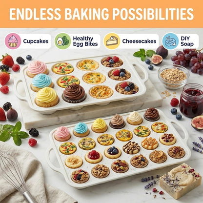 Skiennix Silicone Muffin Pan Set - Nonstick 12-Cup & 24-Cup Mini Pans | BPA-Free, Dishwasher-Safe, Cream