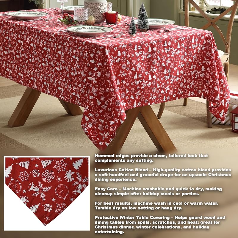 Red 52 x 70 Inch Cotton Blend Tablecloth with Bell & Snowflake Pattern - Holiday Decor